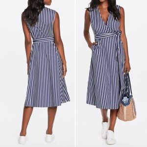 NWOT Draper James navy blue & white midi wrap dress with tie belt awning stripe